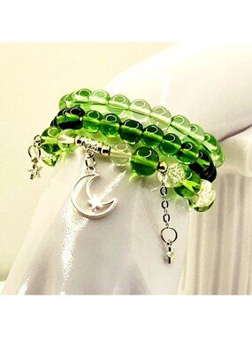 Green Moon Star Bracelet Stack, Celestial Beaded Bracelets, Witchy Stretch